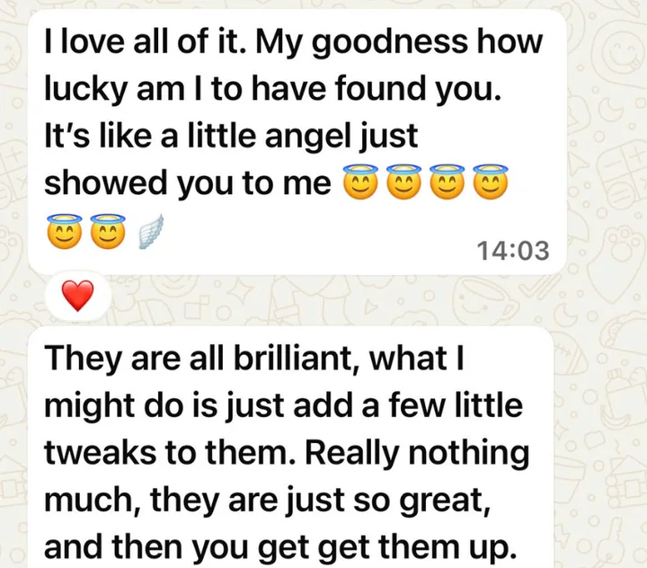 Client message: I love all of it. My goodness how lucky am I to have found you. They are all brilliant.