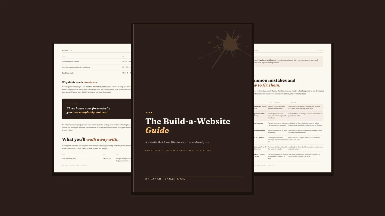 Cover and two inside pages of The Build-a-Website Guide by LANAH & Co.