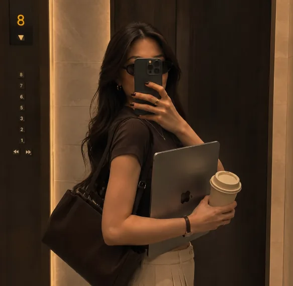 A woman in brown with a laptop and a takeaway coffee, taking a mirror photo in an elevator