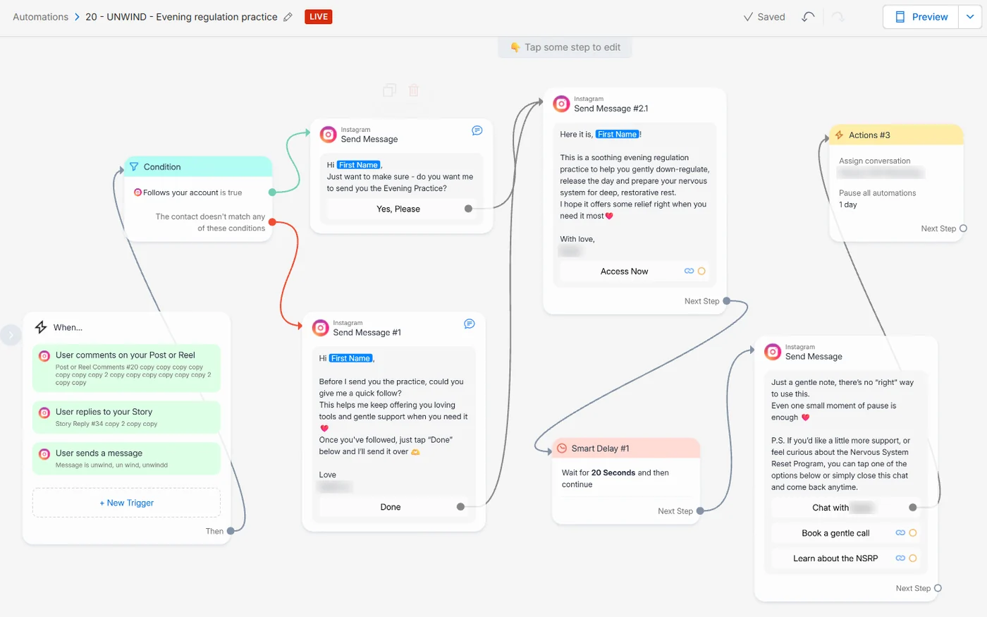 Screenshot of an Instagram DM automation flow with follow check, delivery message and gentle follow-up